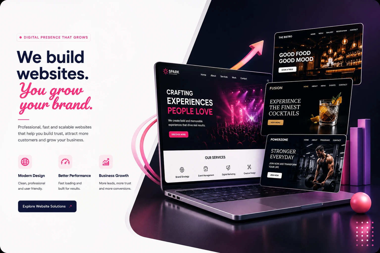 Wobble website development showcase with laptop and brand websites